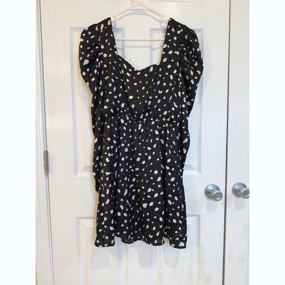 4/$17 Sugar + Lips XS Black White Polka Dot Puff‎ Sleeve Square Neck Mini Dress